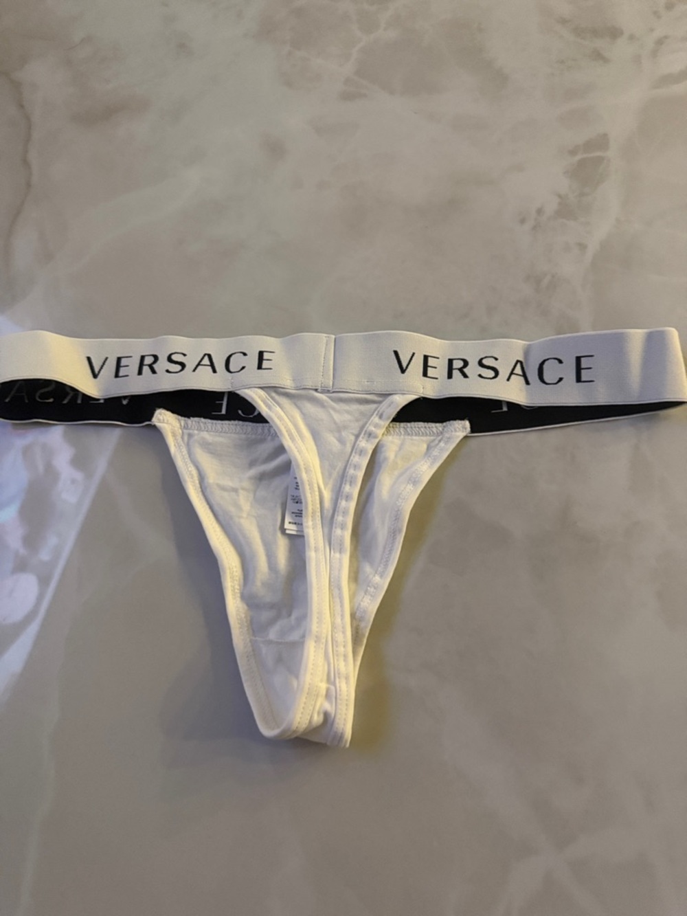 Versace White and Black Logo Elastic Thong - Picture 3 of 5